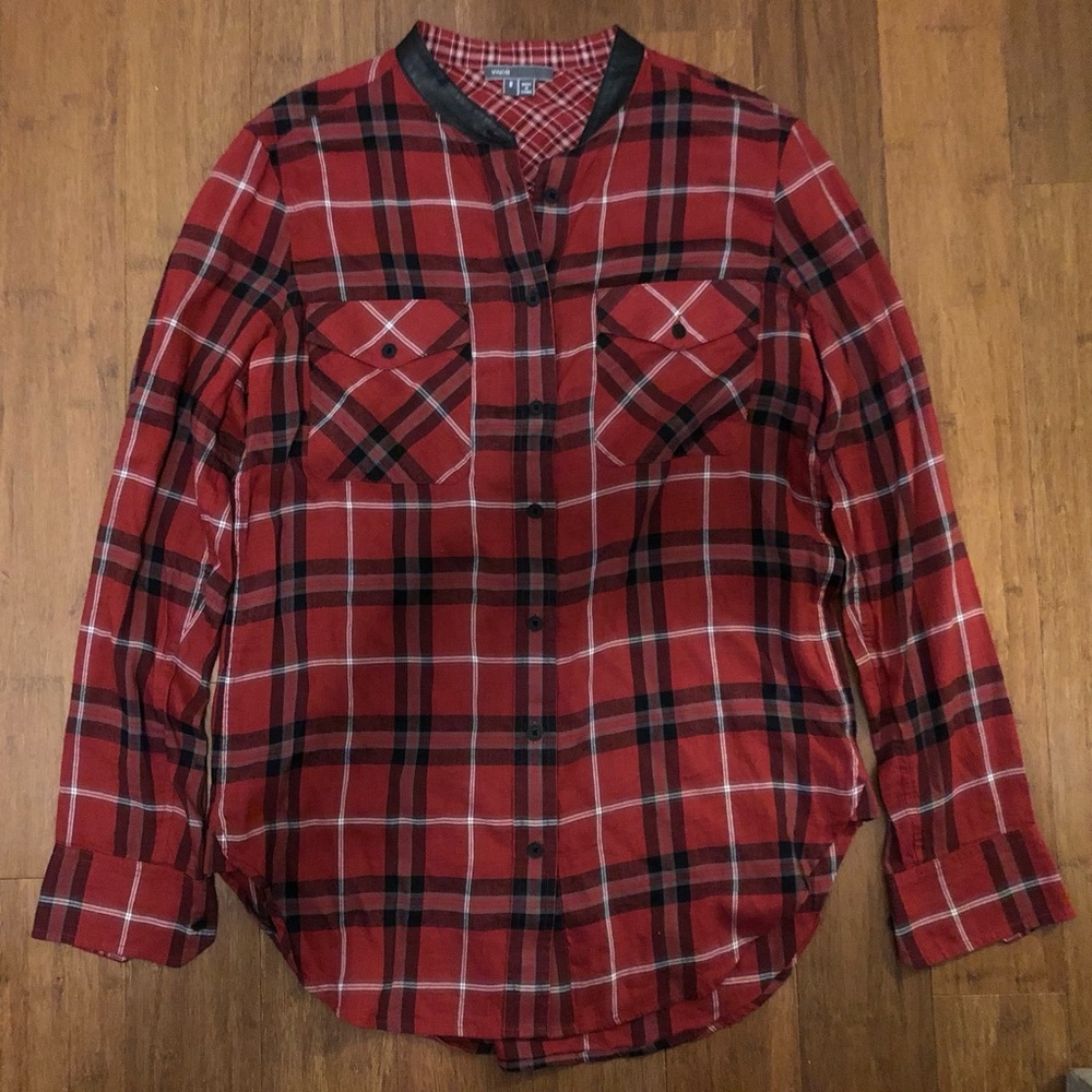Vince Flannel Shirt Lamb Leather Trim Womens Plaid Red Lightweight Size 8 Luxury